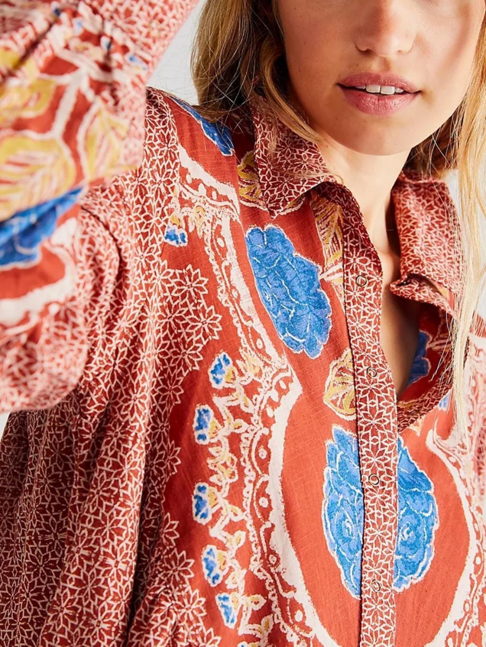 Free People Rust Red Floral Mini Dress with Blue & Mustard Accents